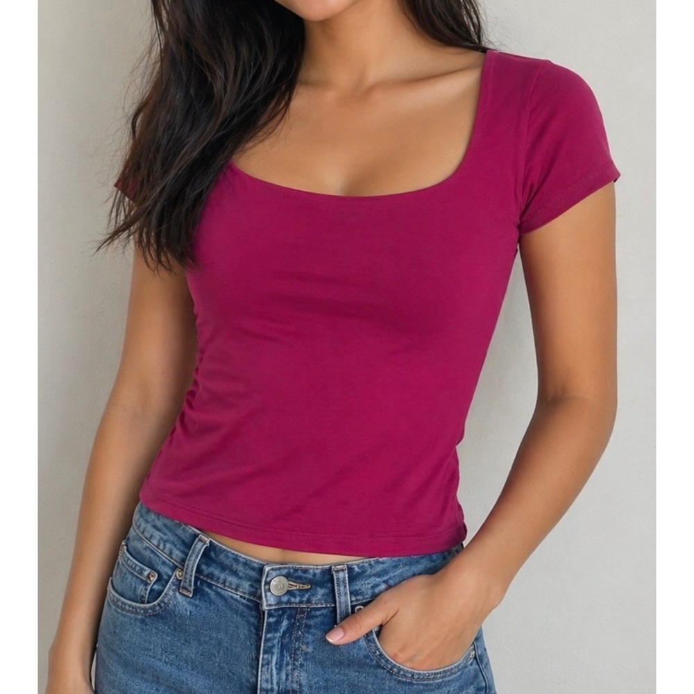 Magenta Square Neck Snatched Tee‎ - Womens Small - Curve Hugging Fit